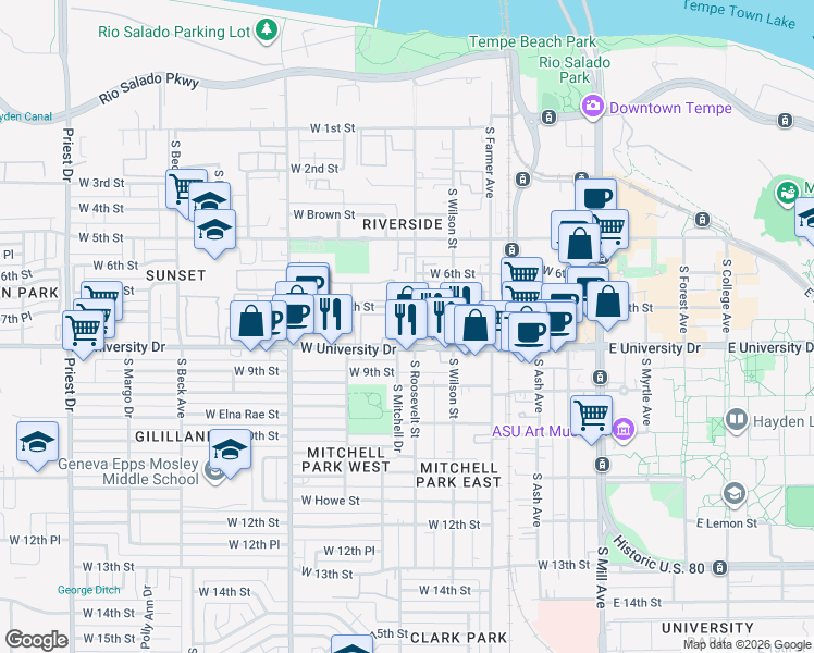 map of restaurants, bars, coffee shops, grocery stores, and more near in Tempe