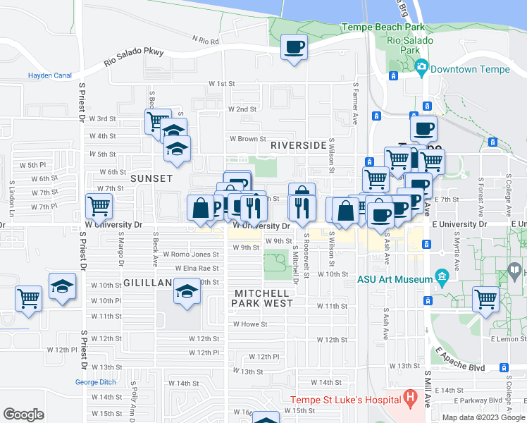 map of restaurants, bars, coffee shops, grocery stores, and more near 3657 West 7th Street in Tempe