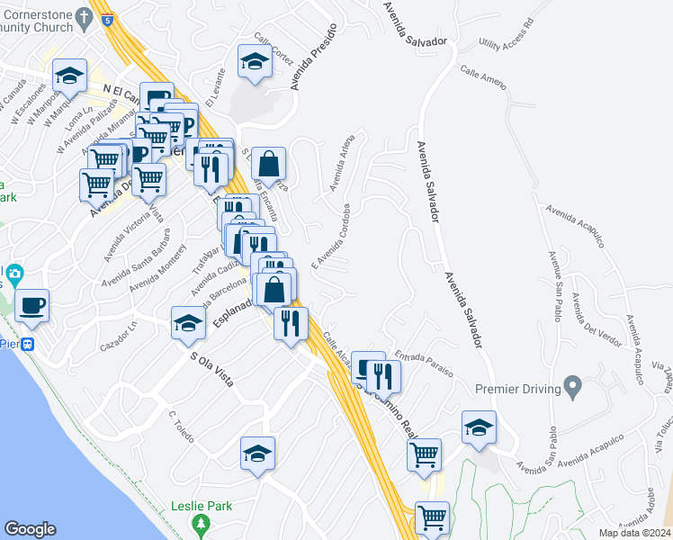 map of restaurants, bars, coffee shops, grocery stores, and more near 1205 Via La Mesa in San Clemente