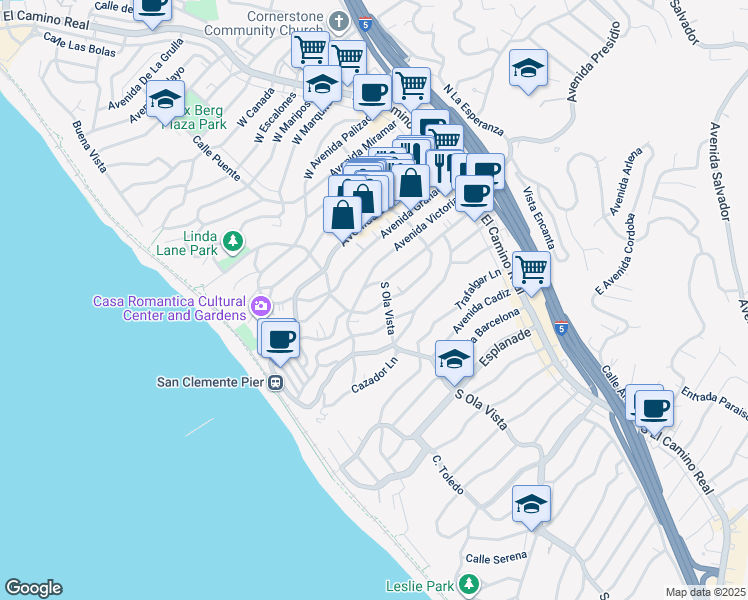 map of restaurants, bars, coffee shops, grocery stores, and more near 401 South Ola Vista in San Clemente