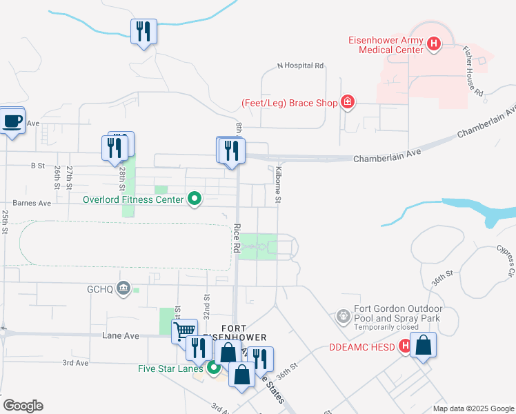 map of restaurants, bars, coffee shops, grocery stores, and more near 25604 Barnes Avenue in Augusta