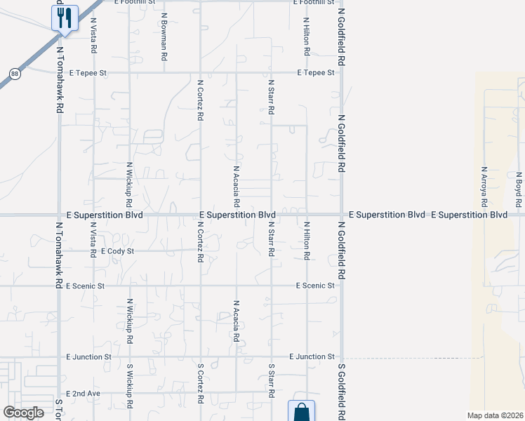 map of restaurants, bars, coffee shops, grocery stores, and more near 886 North Starr Road in Apache Junction
