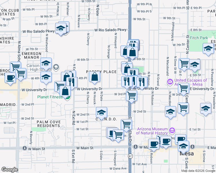 map of restaurants, bars, coffee shops, grocery stores, and more near 420 North Orange in Mesa