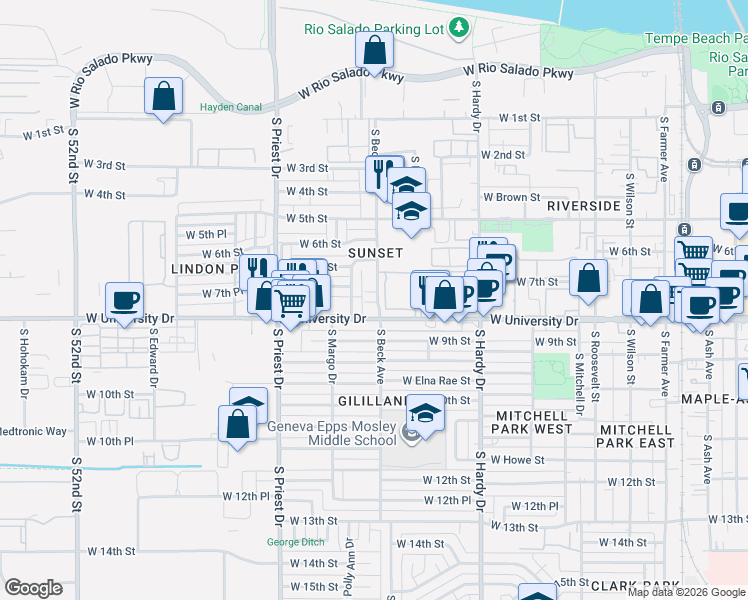 map of restaurants, bars, coffee shops, grocery stores, and more near 750 South Beck Avenue in Tempe