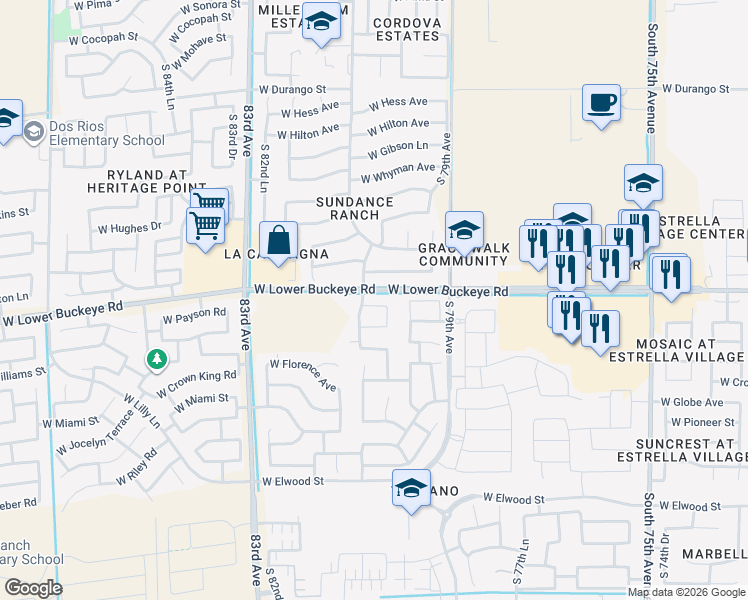 map of restaurants, bars, coffee shops, grocery stores, and more near 8025 West Lower Buckeye Road in Phoenix