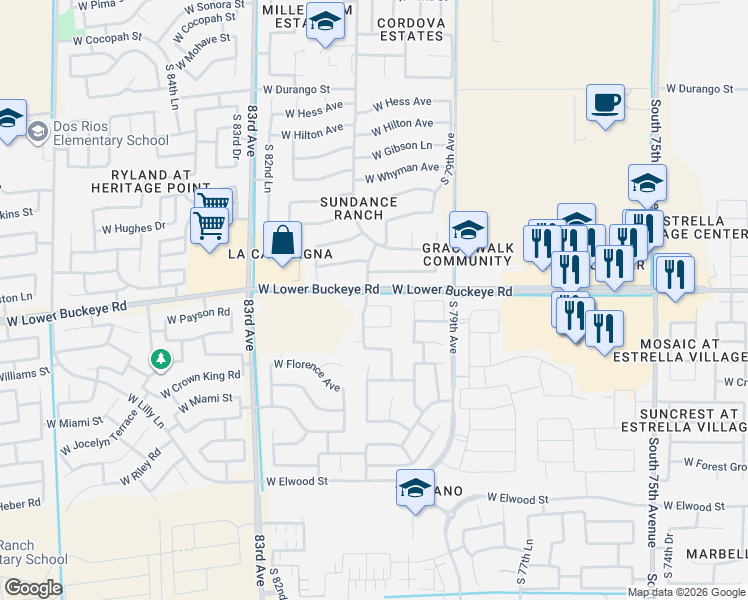 map of restaurants, bars, coffee shops, grocery stores, and more near 8025 West Lower Buckeye Road in Phoenix