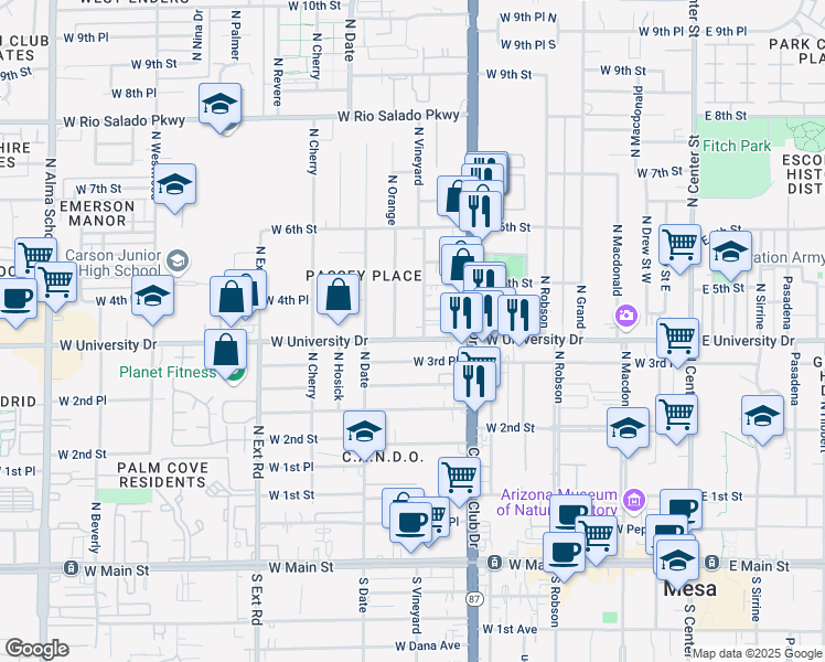map of restaurants, bars, coffee shops, grocery stores, and more near 420 North Orange in Mesa