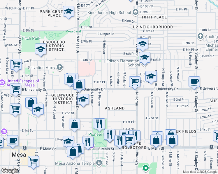 map of restaurants, bars, coffee shops, grocery stores, and more near 417 North Olive in Mesa