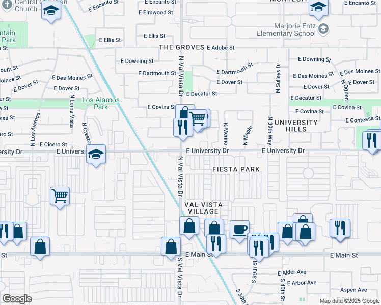 map of restaurants, bars, coffee shops, grocery stores, and more near 411 North Val Vista Drive in Mesa