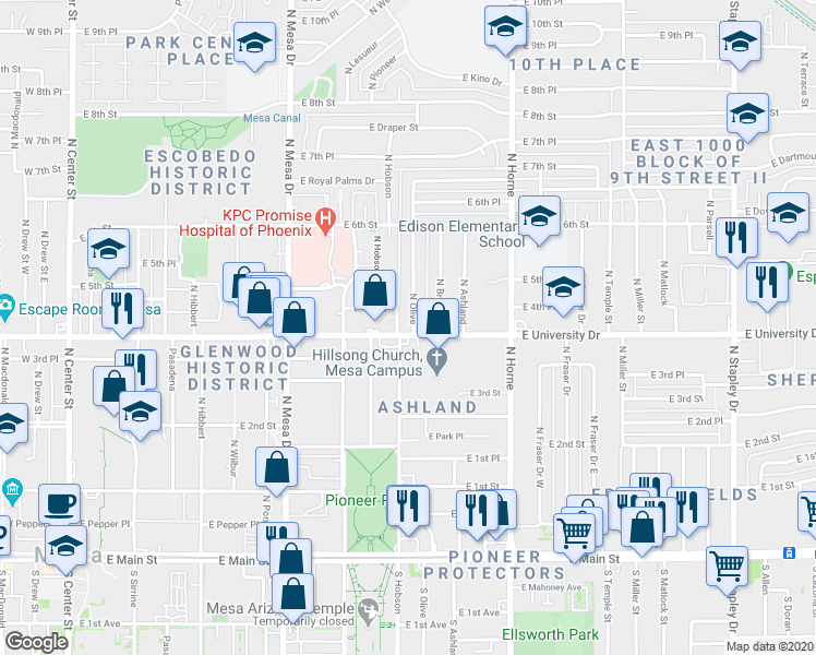 map of restaurants, bars, coffee shops, grocery stores, and more near 417 North Olive in Mesa