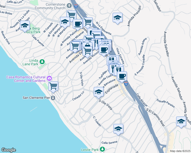 map of restaurants, bars, coffee shops, grocery stores, and more near 231 Avenida Monterey in San Clemente