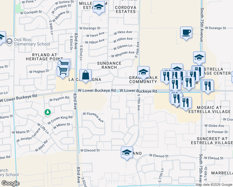 map of restaurants, bars, coffee shops, grocery stores, and more near 8025 West Lower Buckeye Road in Phoenix