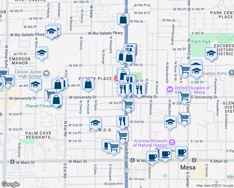 map of restaurants, bars, coffee shops, grocery stores, and more near 31 West 4th Place in Mesa