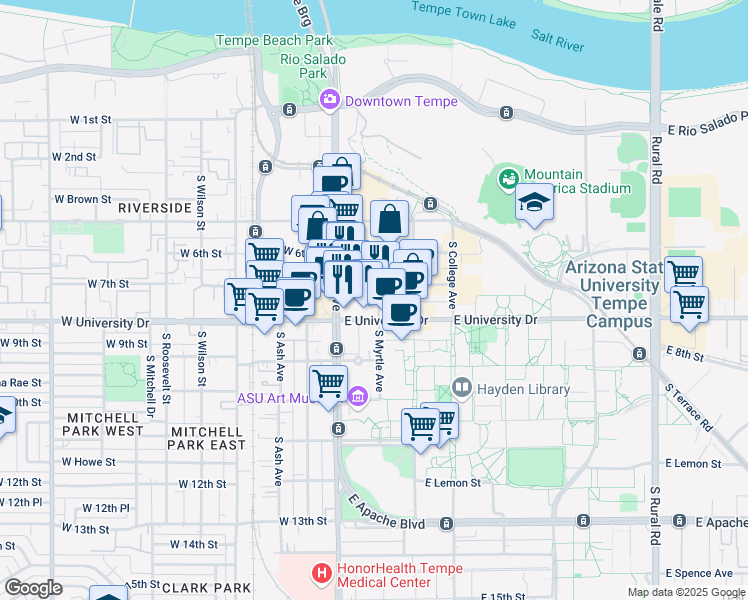 map of restaurants, bars, coffee shops, grocery stores, and more near 11 East 7th Street in Tempe