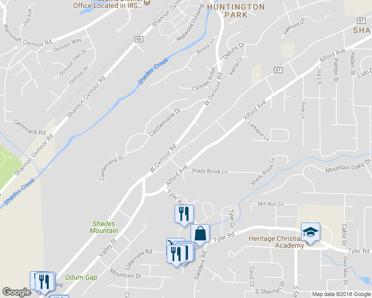 map of restaurants, bars, coffee shops, grocery stores, and more near 867 Shades Crest Road in Birmingham