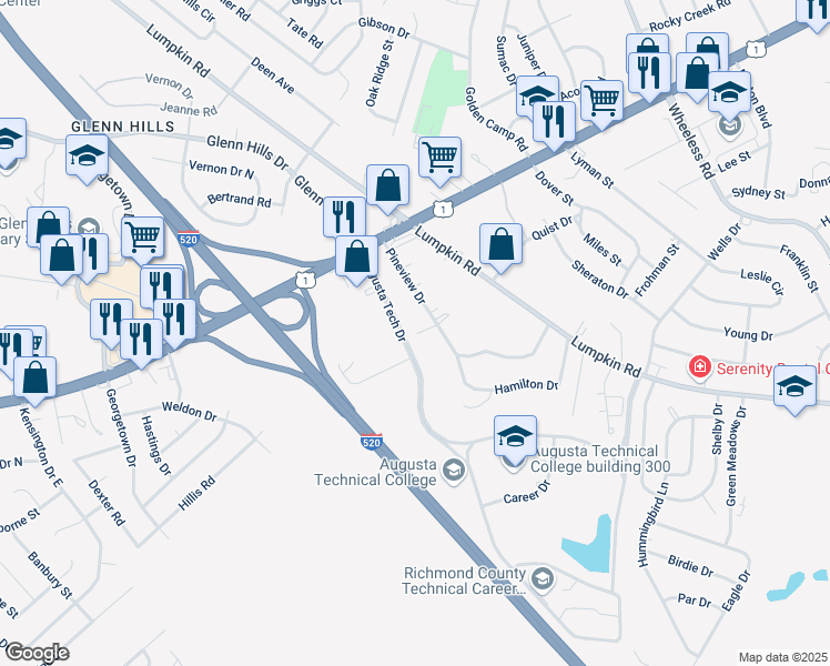 map of restaurants, bars, coffee shops, grocery stores, and more near 2535 1/2 Pineview Drive in Augusta