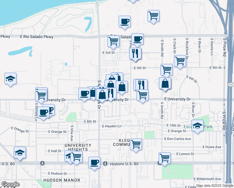map of restaurants, bars, coffee shops, grocery stores, and more near 687-707 South Hacienda Drive in Tempe