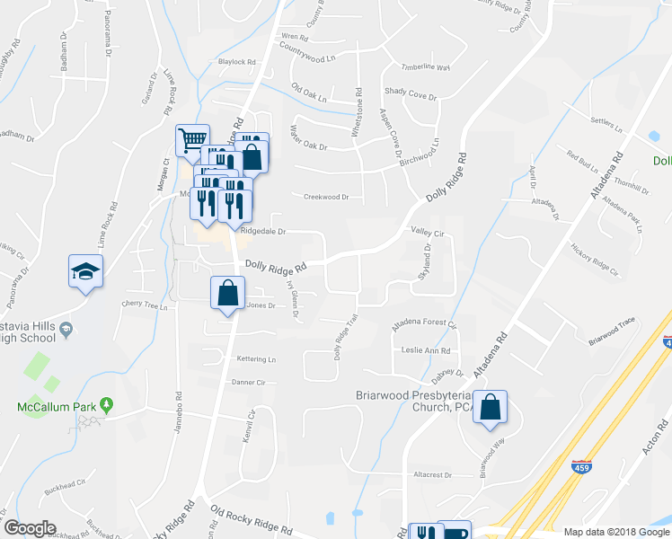 map of restaurants, bars, coffee shops, grocery stores, and more near 2501 Dolly Ridge Road in Vestavia Hills