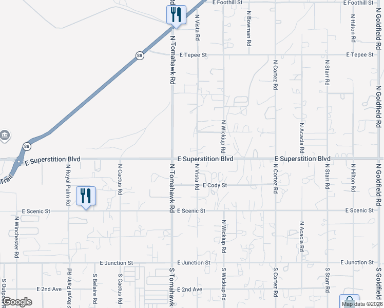 map of restaurants, bars, coffee shops, grocery stores, and more near 842 North Vista Road in Apache Junction