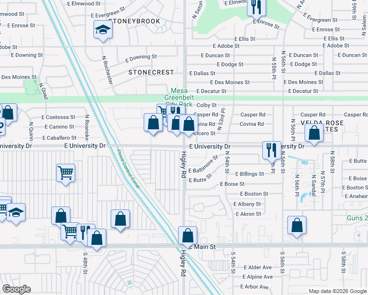 map of restaurants, bars, coffee shops, grocery stores, and more near 5202 East University Drive in Mesa