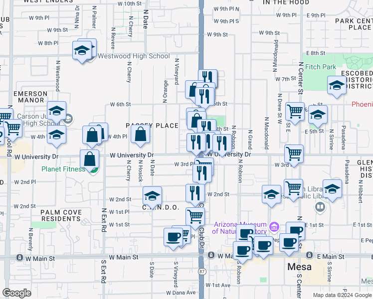map of restaurants, bars, coffee shops, grocery stores, and more near 31 West 4th Place in Mesa