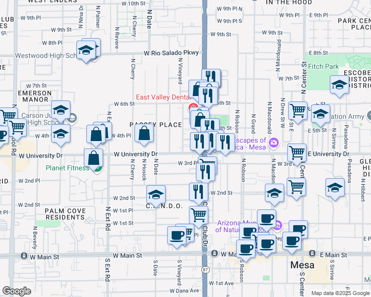 map of restaurants, bars, coffee shops, grocery stores, and more near 31 West 4th Place in Mesa