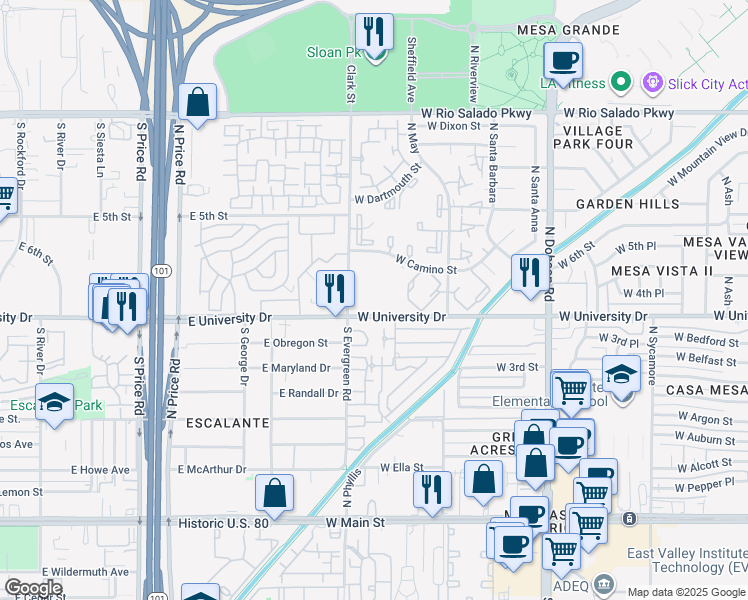 map of restaurants, bars, coffee shops, grocery stores, and more near 2354 West University Drive in Mesa