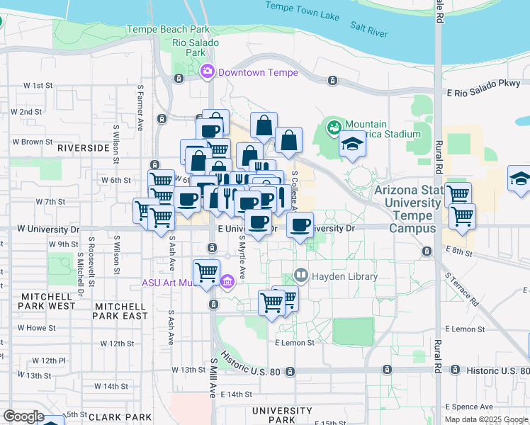 map of restaurants, bars, coffee shops, grocery stores, and more near 113 East 7th Street in Tempe