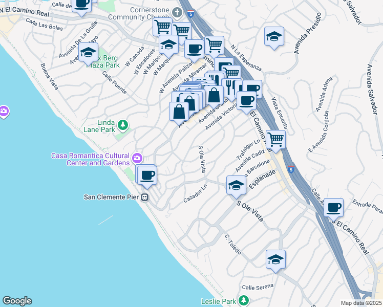 map of restaurants, bars, coffee shops, grocery stores, and more near 258 Avenida Victoria in San Clemente
