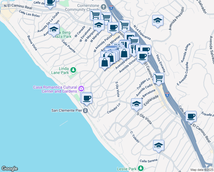 map of restaurants, bars, coffee shops, grocery stores, and more near 258 Avenida Victoria in San Clemente