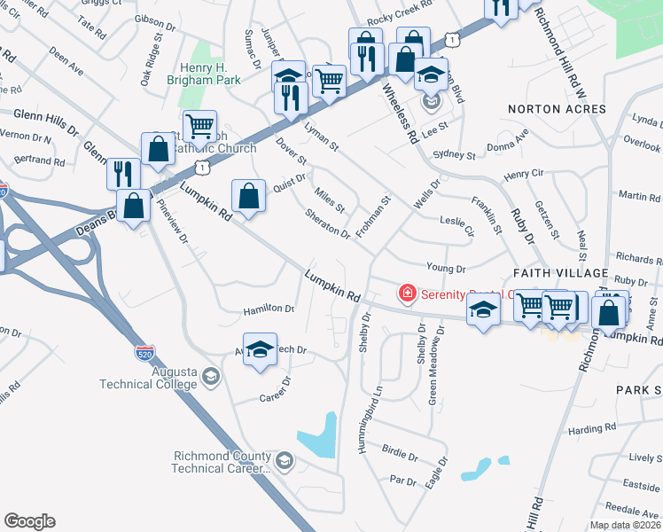 map of restaurants, bars, coffee shops, grocery stores, and more near 3101 Jennifer Court in Augusta