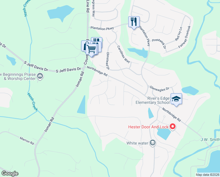 map of restaurants, bars, coffee shops, grocery stores, and more near 12250 Molly Sue Lane in Fayetteville