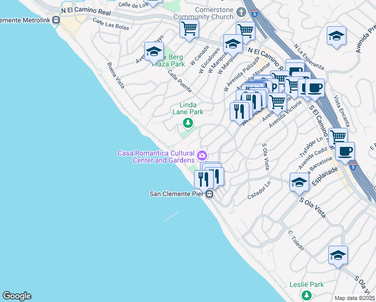 map of restaurants, bars, coffee shops, grocery stores, and more near 410 Corto Lane in San Clemente