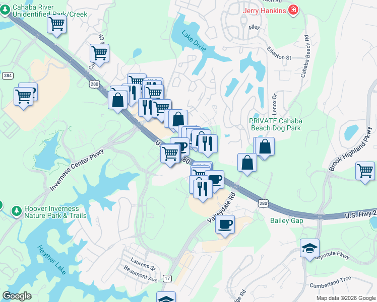 map of restaurants, bars, coffee shops, grocery stores, and more near 4713 U.S. 280 in Birmingham