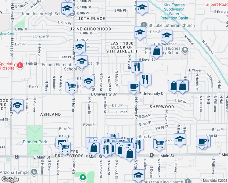 map of restaurants, bars, coffee shops, grocery stores, and more near 1040 East University Drive in Mesa