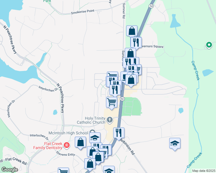 map of restaurants, bars, coffee shops, grocery stores, and more near 108 Lexington Village in Peachtree City