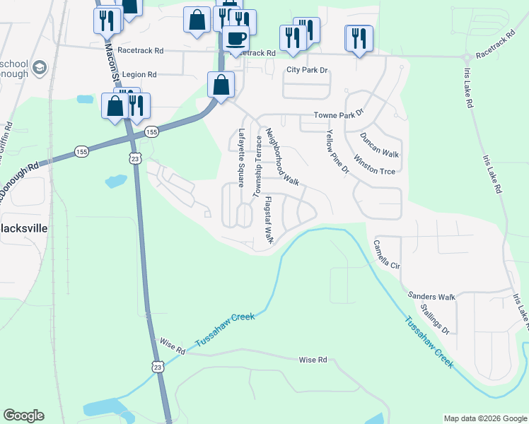 map of restaurants, bars, coffee shops, grocery stores, and more near 6065 Flagstaf Walk in McDonough
