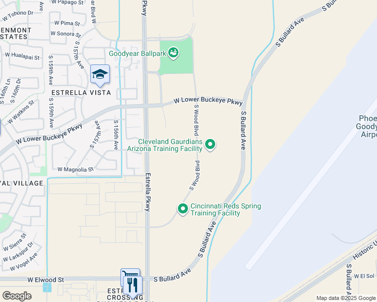 map of restaurants, bars, coffee shops, grocery stores, and more near 2755 Estrella Parkway in Goodyear