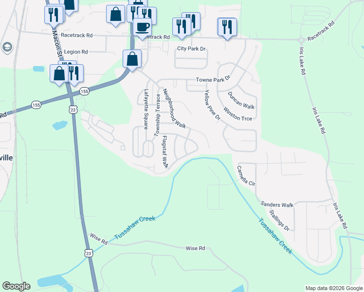 map of restaurants, bars, coffee shops, grocery stores, and more near 4005 Tussahaw Crossing in McDonough