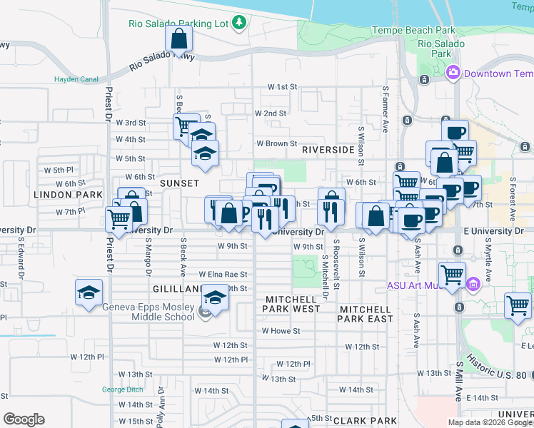 map of restaurants, bars, coffee shops, grocery stores, and more near 960 West University Drive in Tempe