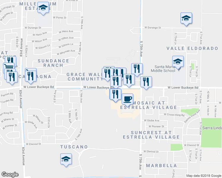 map of restaurants, bars, coffee shops, grocery stores, and more near 7715 West Lower Buckeye Road in Phoenix
