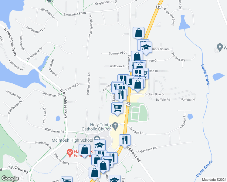 map of restaurants, bars, coffee shops, grocery stores, and more near 100 Lexington Village in Peachtree City