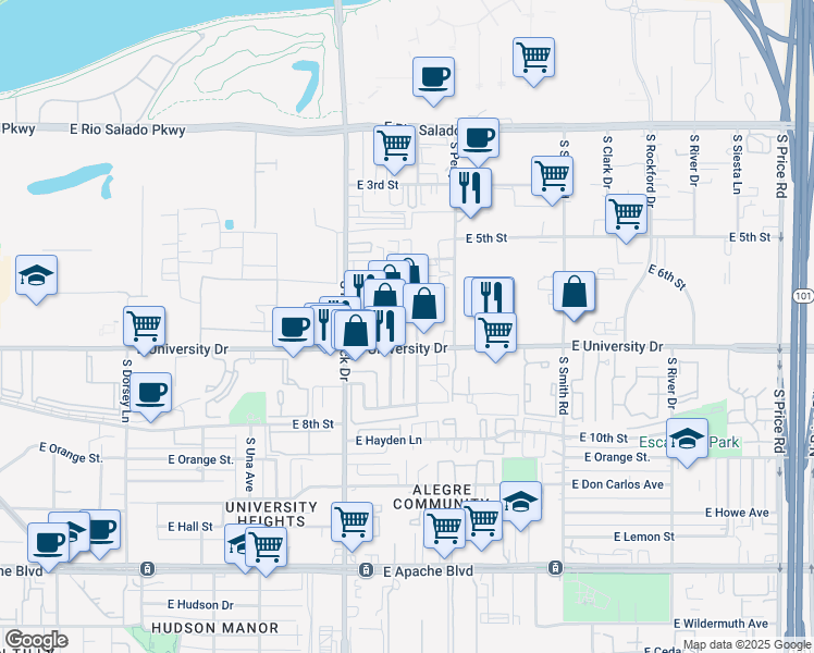 map of restaurants, bars, coffee shops, grocery stores, and more near 687 South Hacienda Drive in Tempe