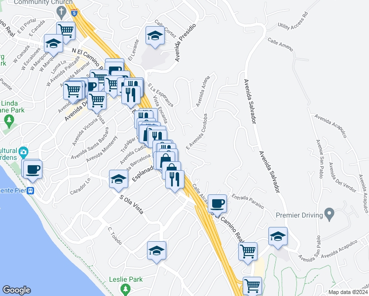 map of restaurants, bars, coffee shops, grocery stores, and more near 301 East Avenida Cordoba in San Clemente