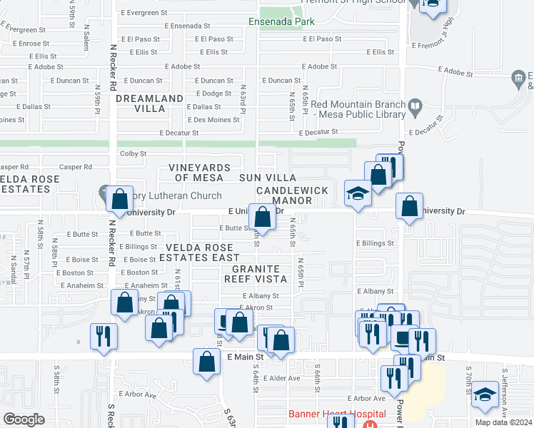 map of restaurants, bars, coffee shops, grocery stores, and more near 9427 East University Drive in Mesa