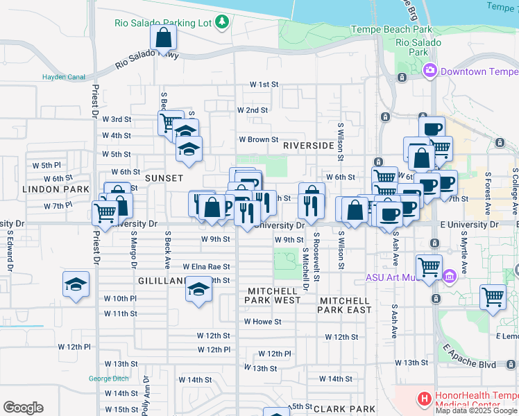 map of restaurants, bars, coffee shops, grocery stores, and more near 820 West University Drive in Tempe