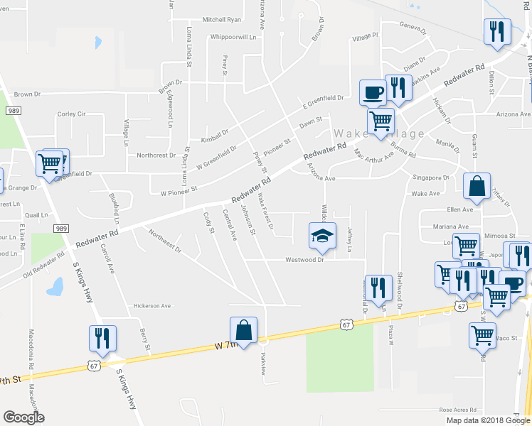 map of restaurants, bars, coffee shops, grocery stores, and more near 401 Wake Forest Drive in Wake Village