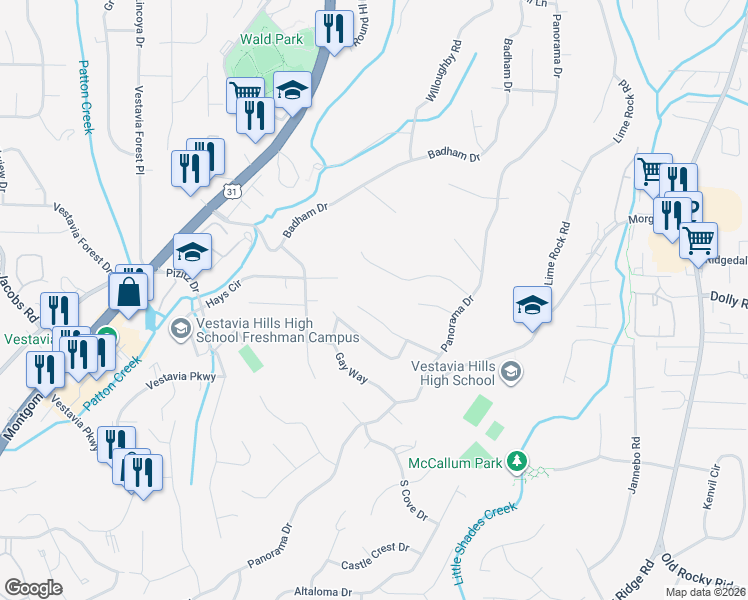 map of restaurants, bars, coffee shops, grocery stores, and more near 2104 Fox Valley Circle in Vestavia Hills