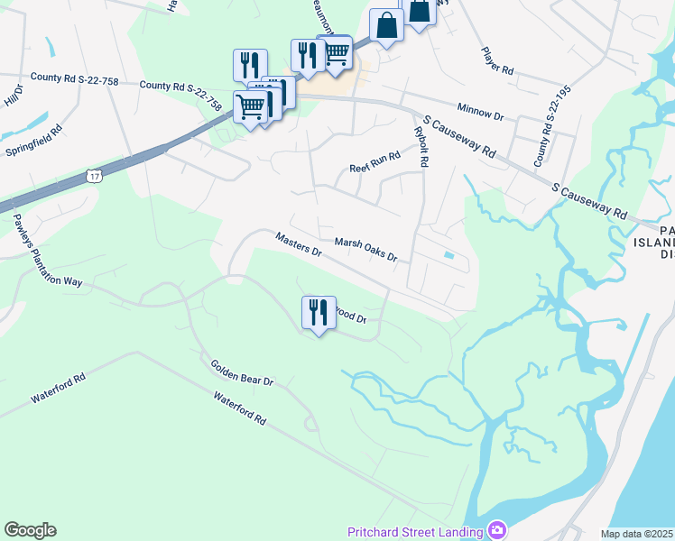 map of restaurants, bars, coffee shops, grocery stores, and more near 406 Masters Drive in Pawleys Island