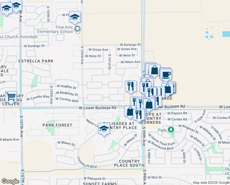 map of restaurants, bars, coffee shops, grocery stores, and more near 10047 West Flavia Haven in Tolleson
